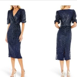 Mac Duggal Sequin Puff Sleeve Midi Sheath Dress Midnight Size 18